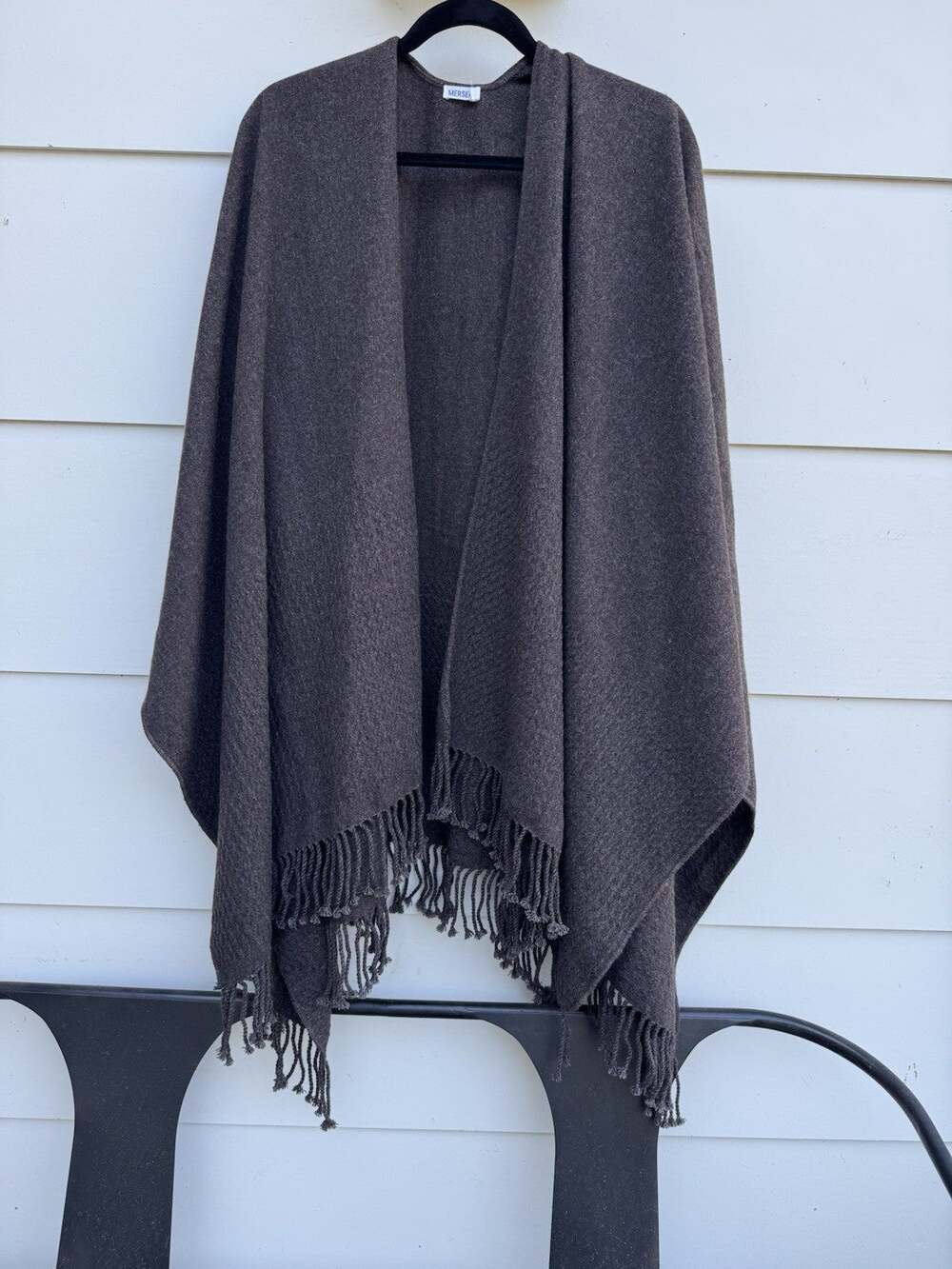 Mersea Travel Wrap Brown Fringe Boho Poncho Shawl OS Minimal Capsule